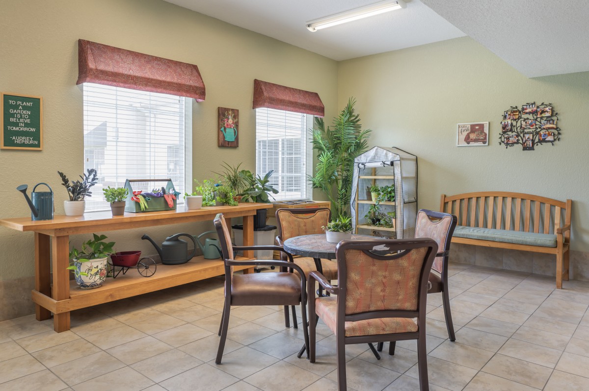 A cozy indoor seating area with chairs, a table, and lush greenery by the windows.