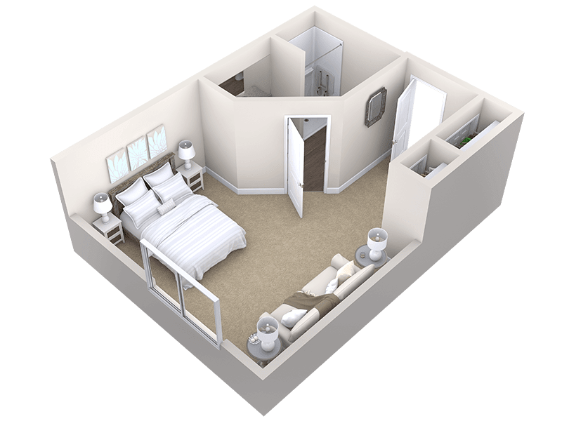 3D floor plan of a bedroom with furniture arrangement.