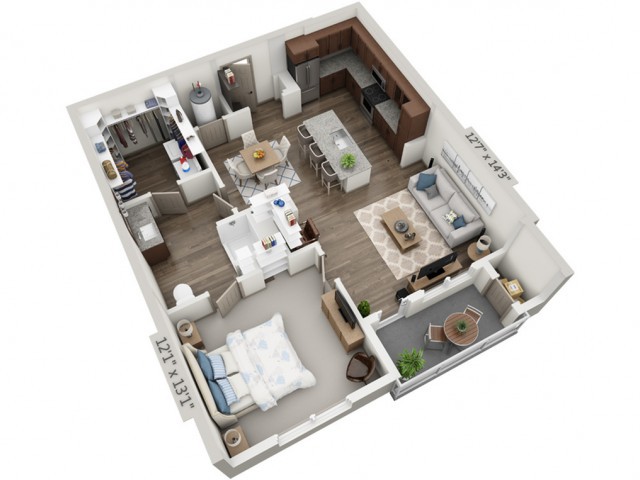 3D floor plan of a one-bedroom apartment featuring a kitchen, living room, and bathroom.