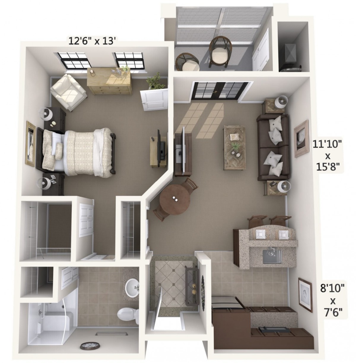 A one-bedroom apartment floor plan featuring a living room, kitchen, bathroom, and dining area.
