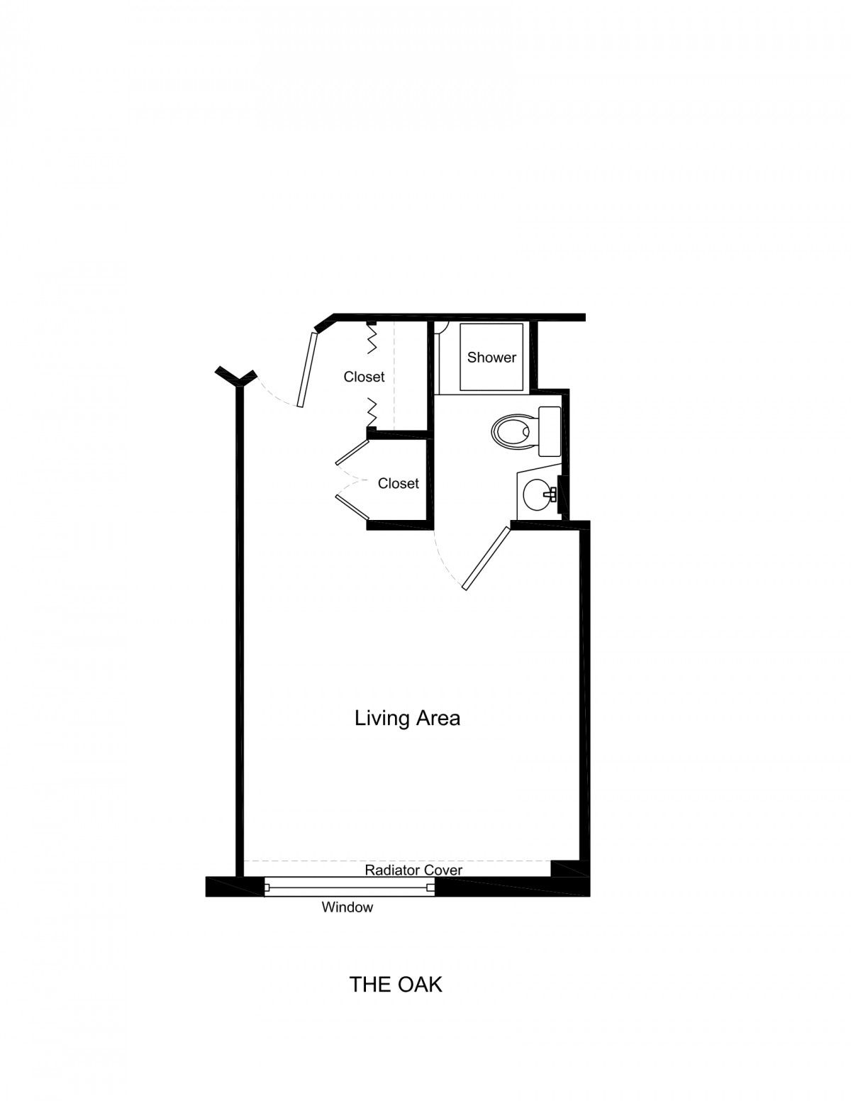 A simple floor plan of an apartment with a living area, bathroom, and closet.
