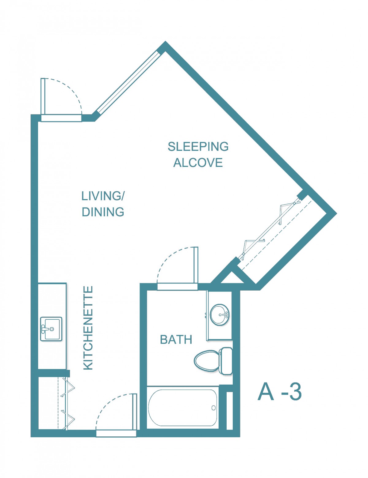 A floor plan of a studio apartment featuring a living/dining area, kitchenette, bath, and sleeping alcove.