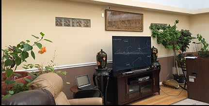 A cozy living room with a large TV and decorative elements.