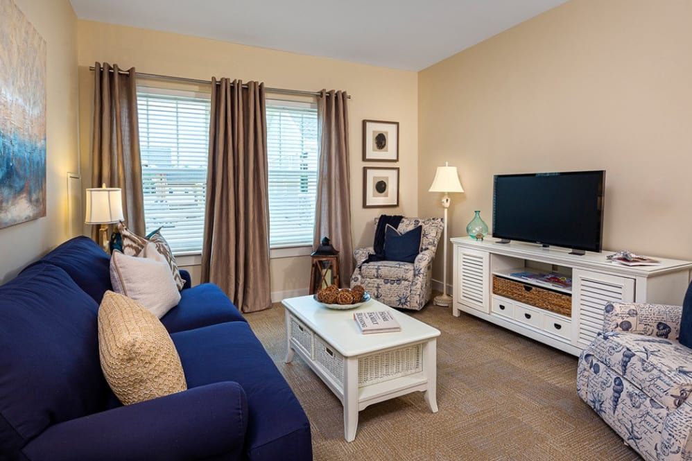 Cozy living room with a blue sofa, white coffee table, and TV stand.