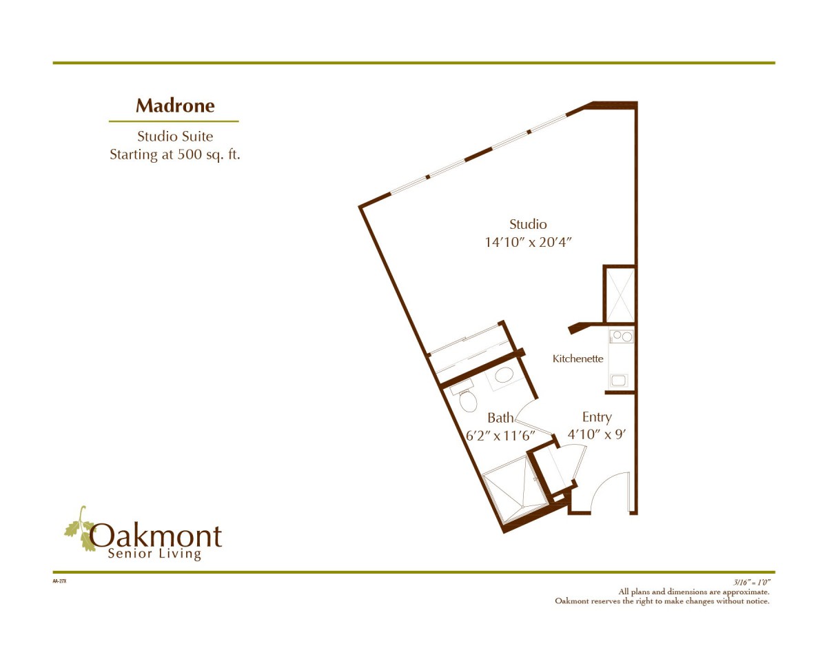 Floor plan of a studio apartment at Oakmont Senior Living.