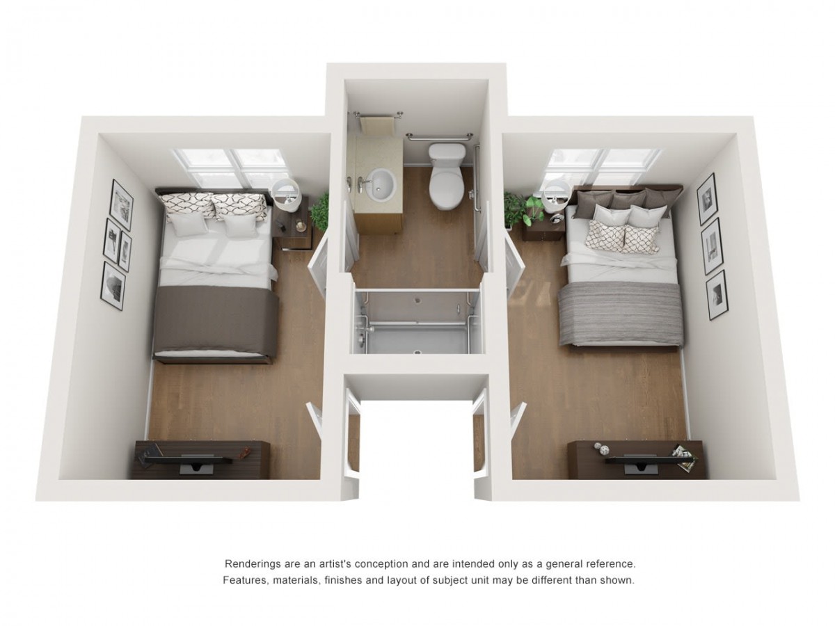 A two-bedroom apartment floor plan with a shared bathroom and individual closets.