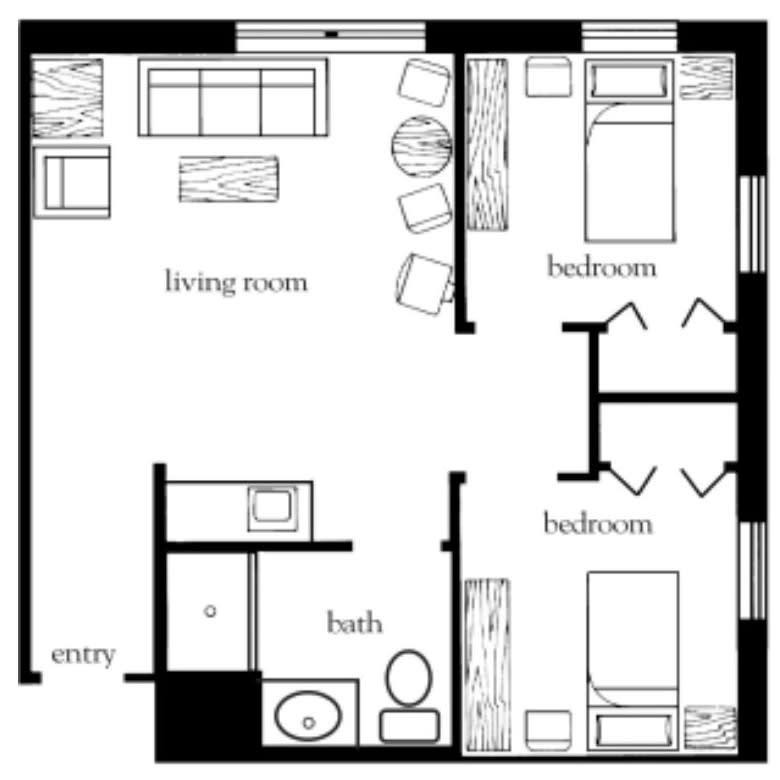 A simple floor plan of a two-bedroom apartment with a living room and one bathroom.
