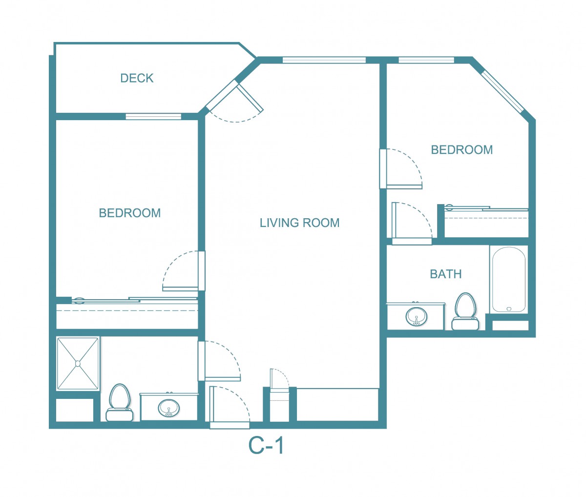 A floor plan of an apartment with two bedrooms, a living room, a bathroom, and a deck.