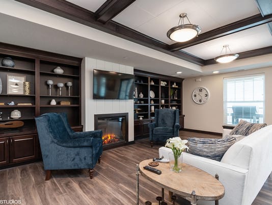 A modern living room featuring a fireplace, built-in shelving, and plush seating.