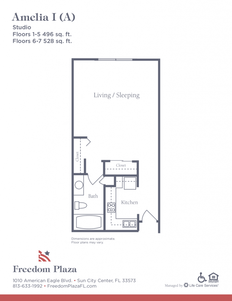 A floor plan of a studio apartment showing the layout of living and utility spaces.