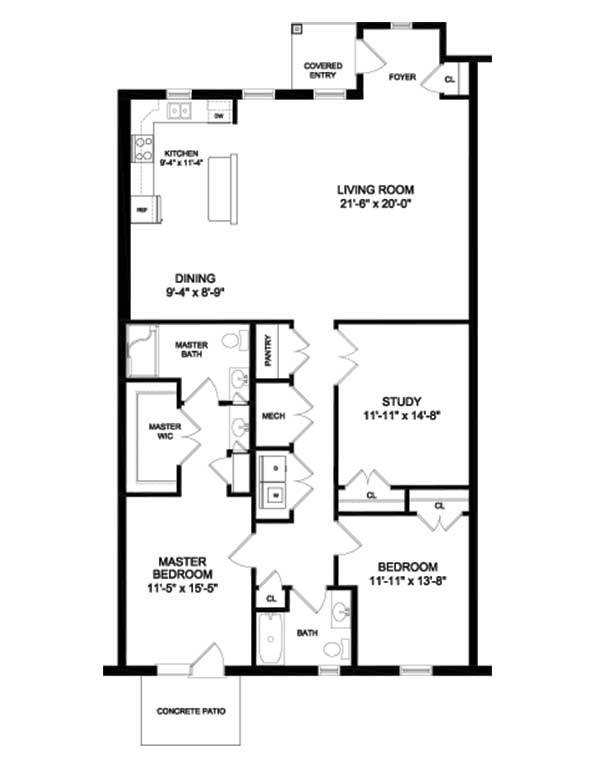 A detailed floor plan of an apartment featuring two bedrooms, a study, living room, dining area, and kitchen.