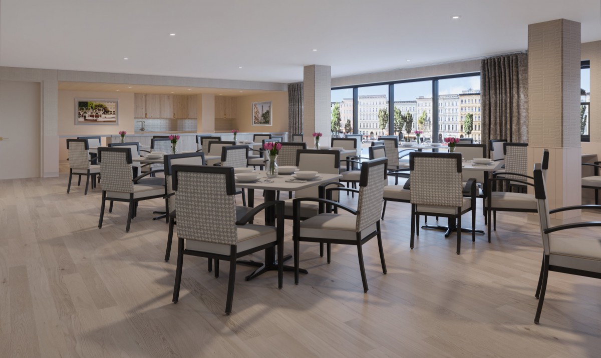 A modern, empty dining area with neatly arranged tables and chairs, featuring large windows.