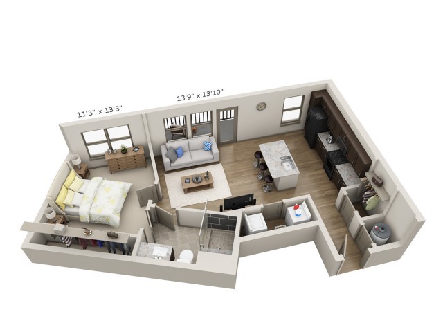 3D floor plan of a modern apartment featuring a living room, kitchen, bedroom, and bathroom.