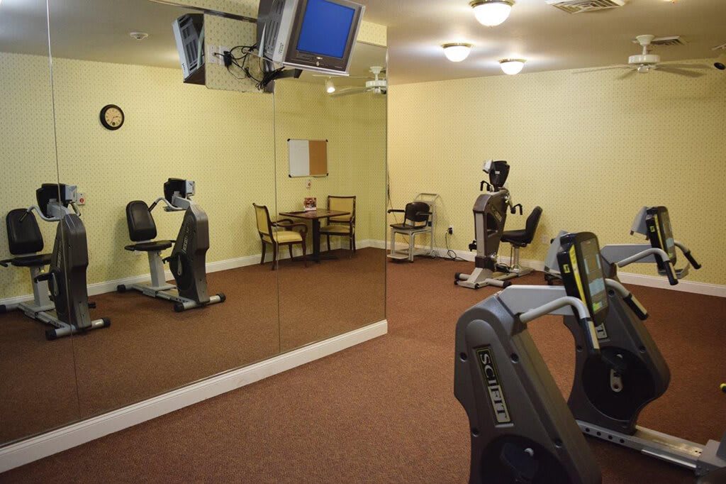 A small gym with exercise equipment including a stationary bike and treadmill, featuring a large mirror on one wall.