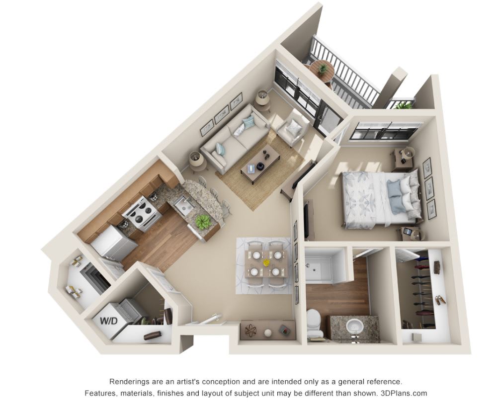 3D floor plan of a modern apartment featuring an open concept kitchen, living area, and one bedroom with an attached bathroom.