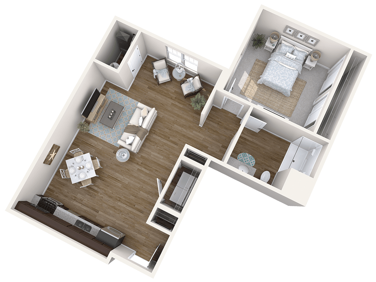 A 3D floor plan of a one-bedroom apartment featuring a living room, kitchen, and bathroom.