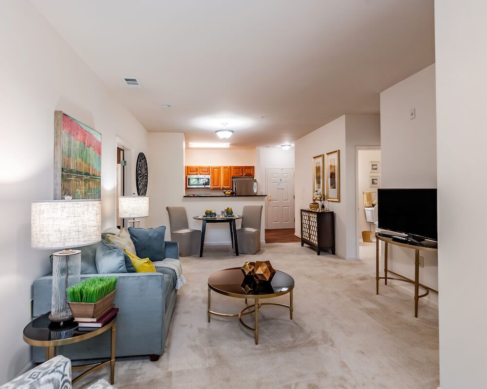 A cozy living room with an open concept kitchen and dining area, featuring a sofa, television, and artwork on the walls.