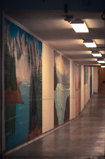 A corridor adorned with vibrant murals, illuminated by overhead lighting.