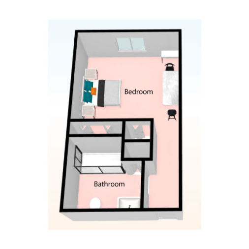 A simple floor plan depicting a bedroom and bathroom layout.