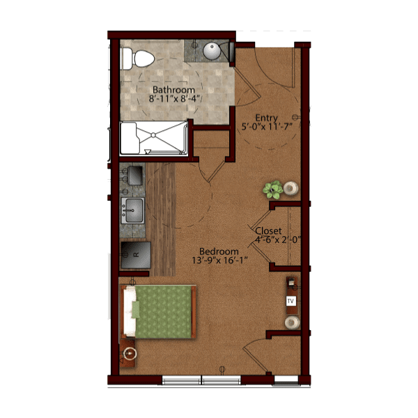 A floor plan of a one-bedroom apartment featuring a living room, kitchen, bathroom, and bedroom.