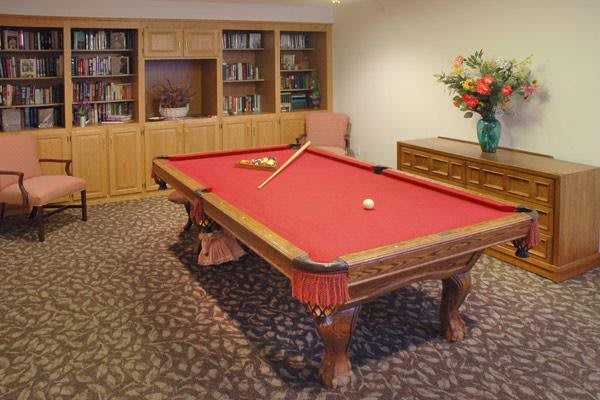 A cozy room featuring a red-felt pool table with a cue stick, surrounded by a carpeted floor, bookshelves, and a vase of flowers.