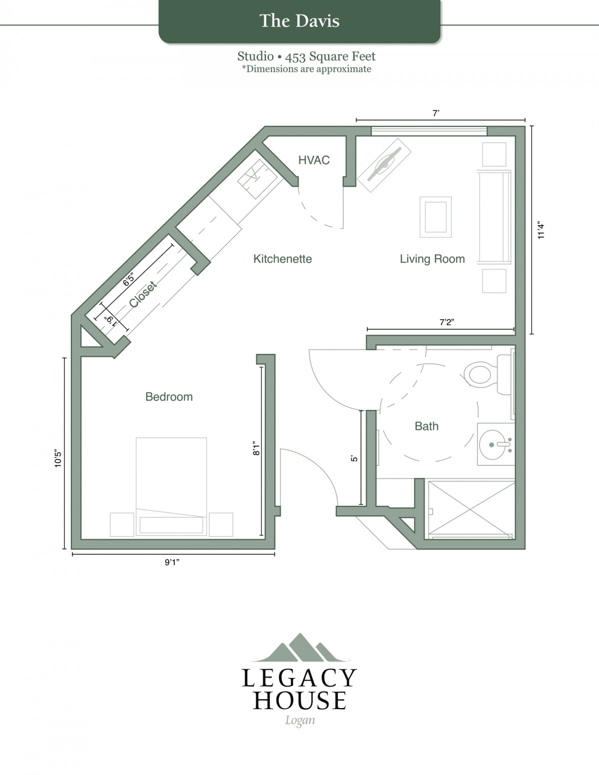A floor plan of an apartment showing the layout of rooms including a bedroom, living room, kitchen, and bathroom.