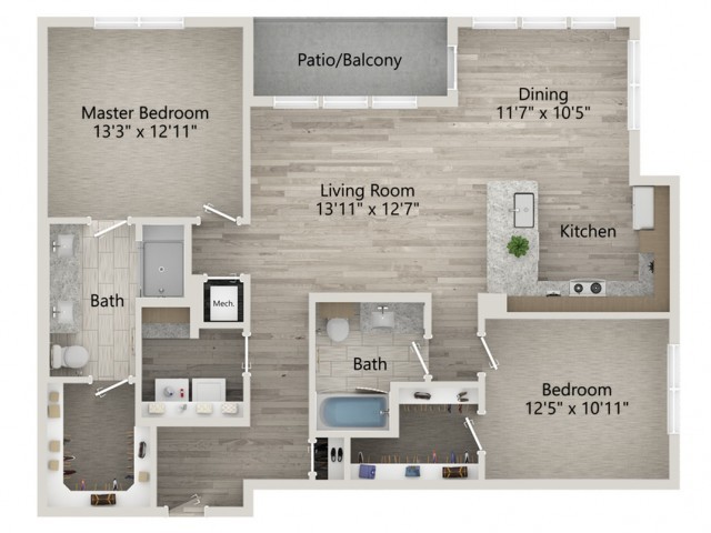 A 3D floor plan of a two-bedroom apartment, featuring a living room, kitchen, dining area, two bathrooms, and a patio/balcony.