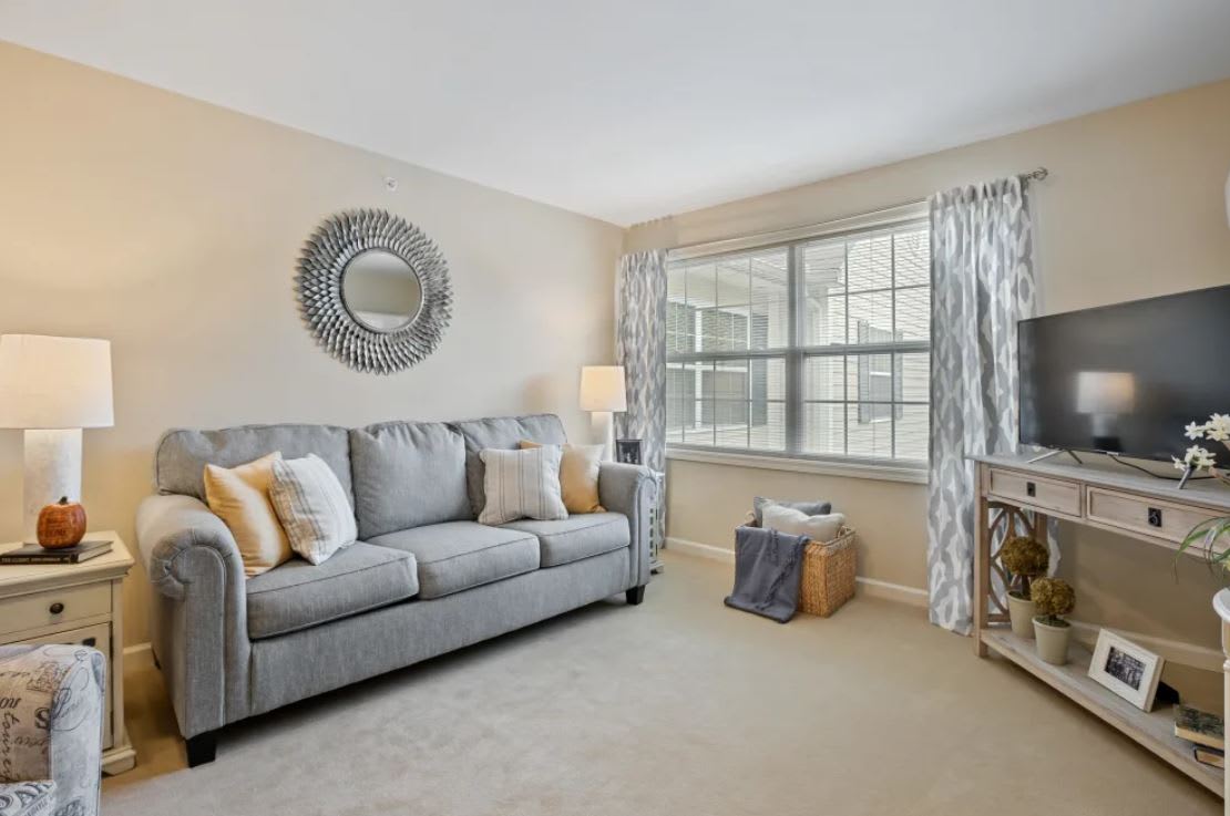 A cozy living room with a gray sofa and decorative accents.