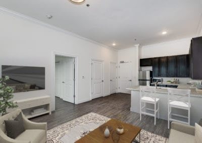 A modern open-plan apartment featuring a cozy living room and a sleek kitchen.