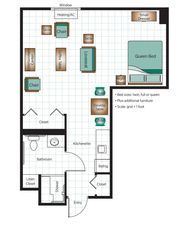 Floor plan of a studio apartment with furniture layout.