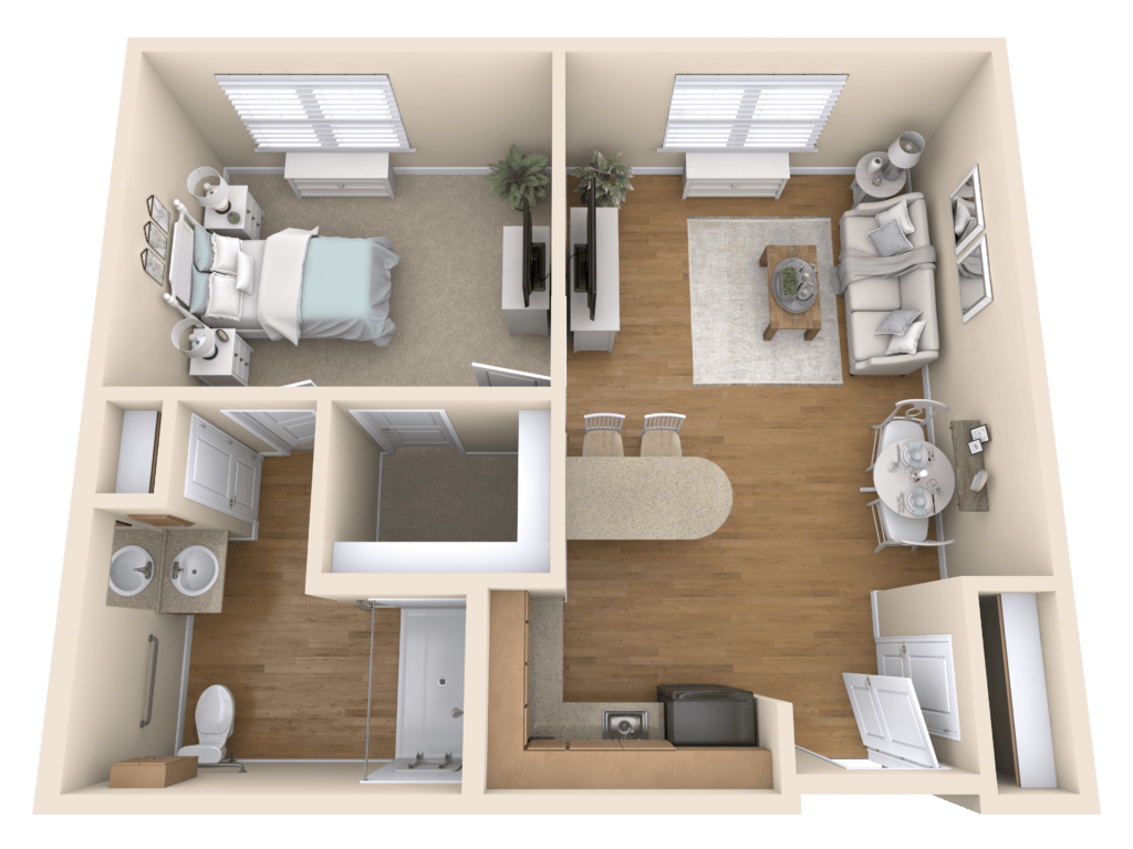 A 3D floor plan of a small apartment featuring a bedroom, living room, kitchen, and bathroom.