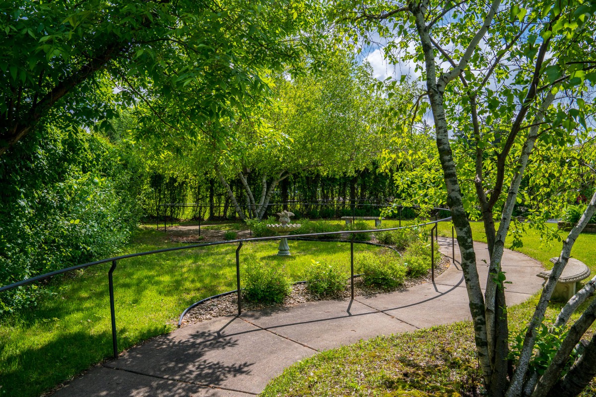A serene park scene with a winding pathway and lush greenery.