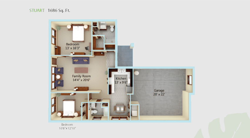 A detailed floor plan showing the layout of a house with two bedrooms, family room, kitchen, and garage.