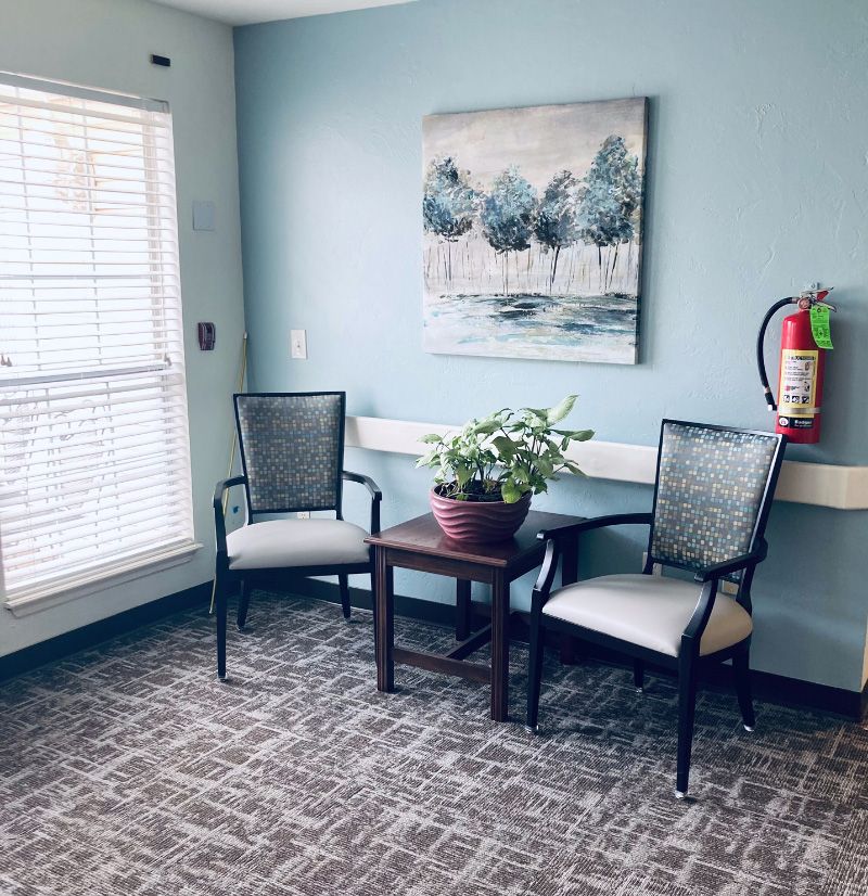 A cozy corner with two chairs and a table adorned with a plant, beneath a painting on a light blue wall.