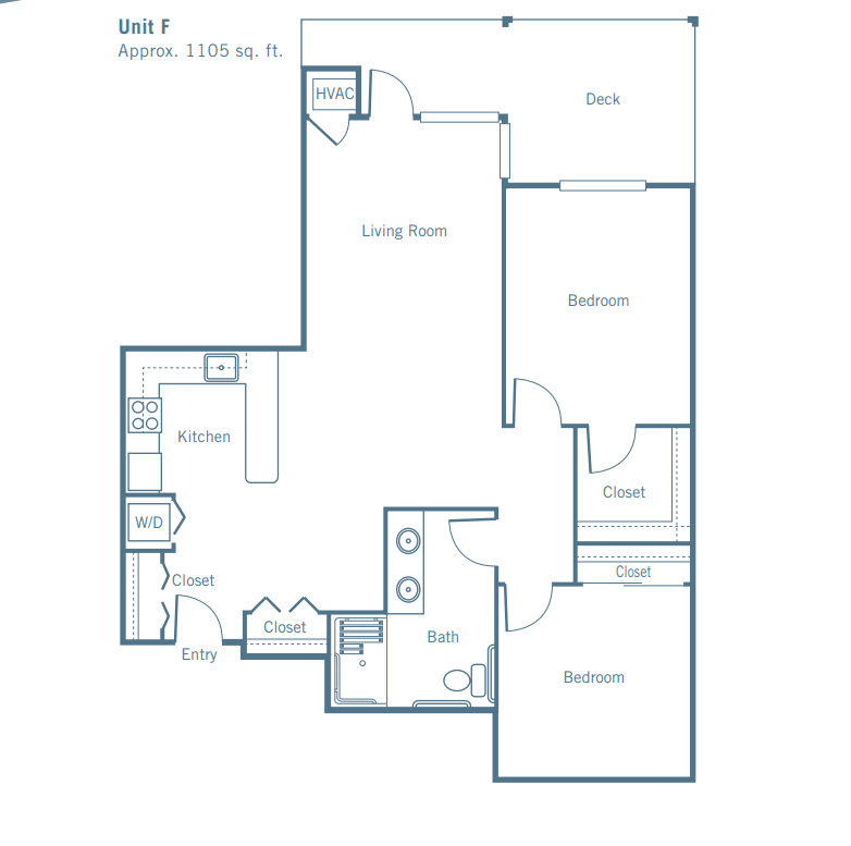 A floor plan of a two-bedroom apartment featuring a living room, kitchen, bathroom, and deck.