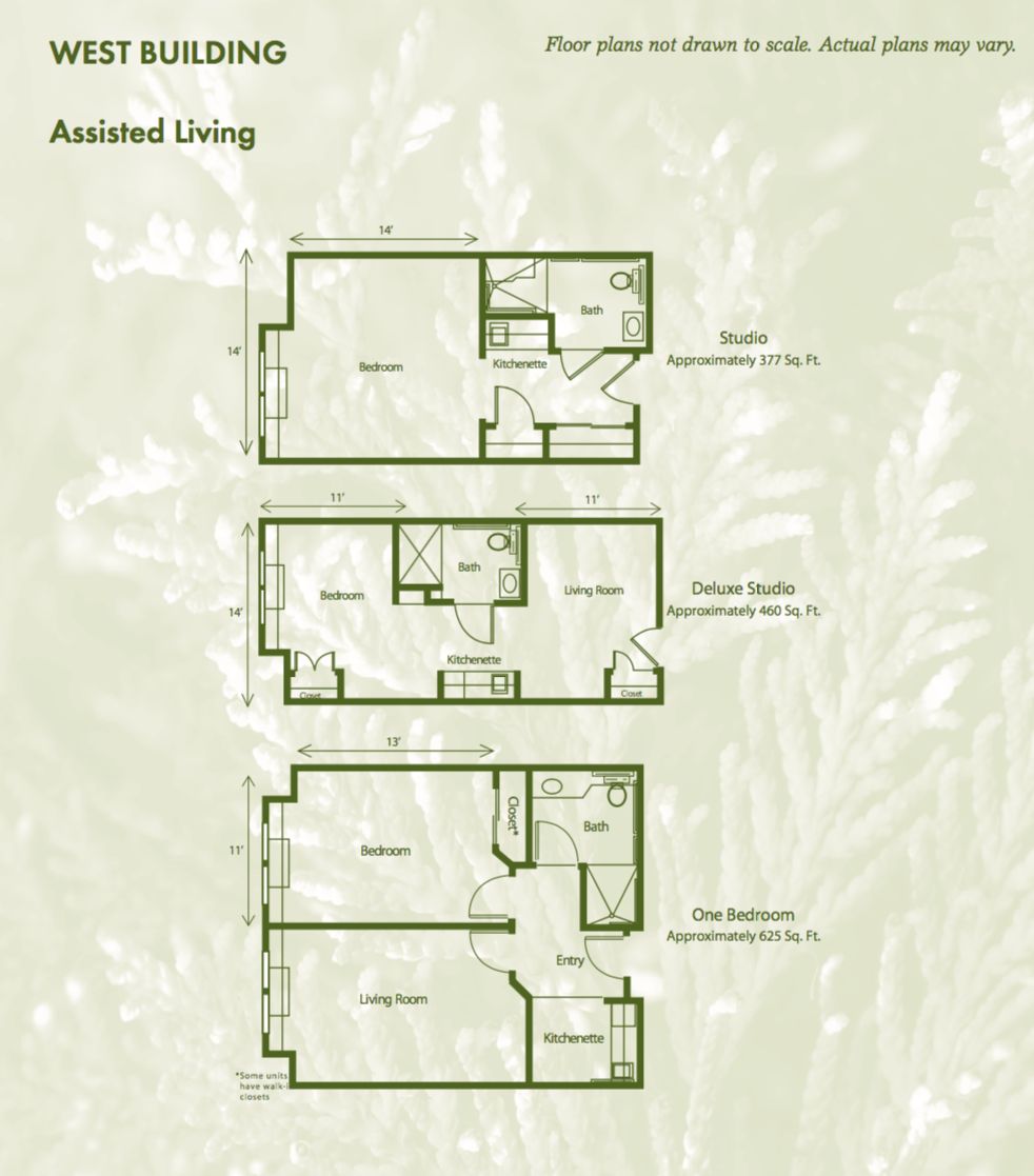 Floor plans for assisted living spaces with room dimensions.