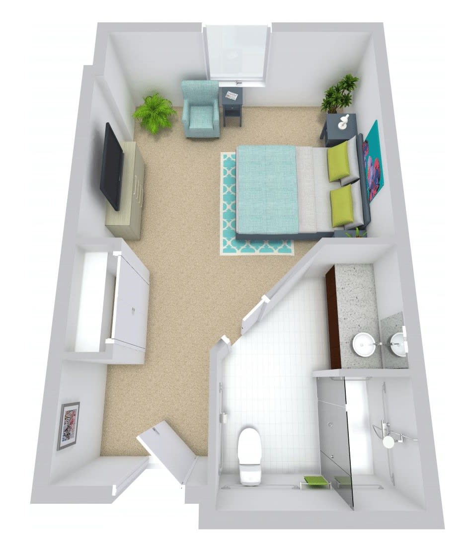 A top-down view of a modern apartment floor plan featuring a bedroom with furniture and an adjoining bathroom.