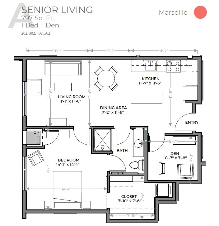 A detailed floor plan of a senior living apartment, highlighting the arrangement of rooms and living spaces.