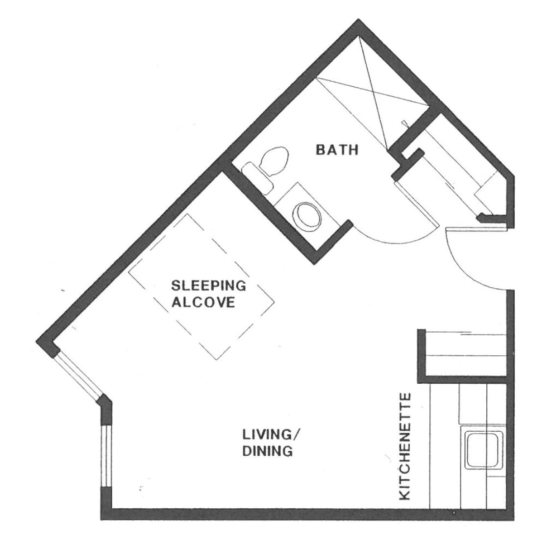 Studio apartment floor plan with living area, kitchenette, and bathroom.