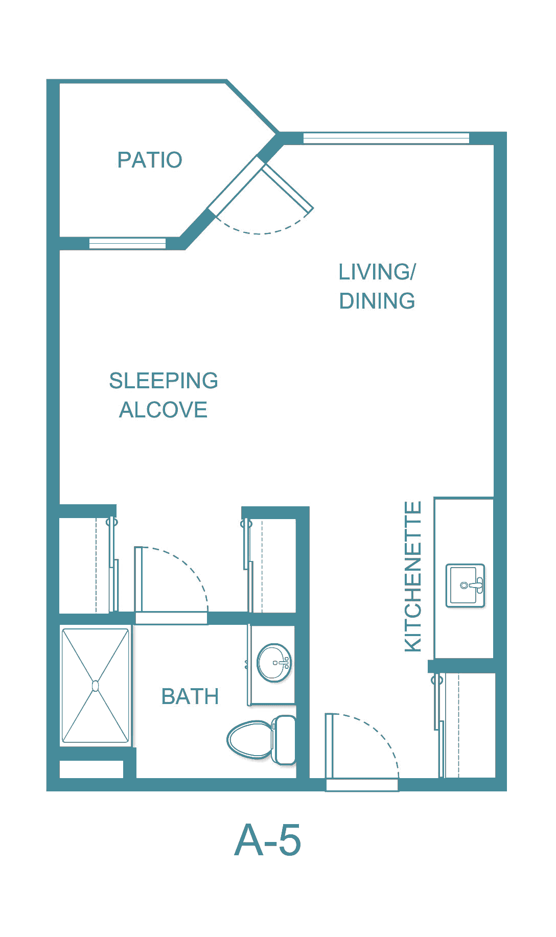 Floor plan of a studio apartment with a sleeping alcove, living/dining area, kitchenette, and bathroom.