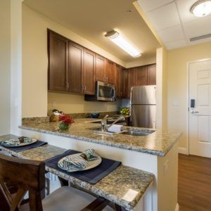 A modern kitchen with a granite countertop, stainless steel appliances, and wood cabinets.