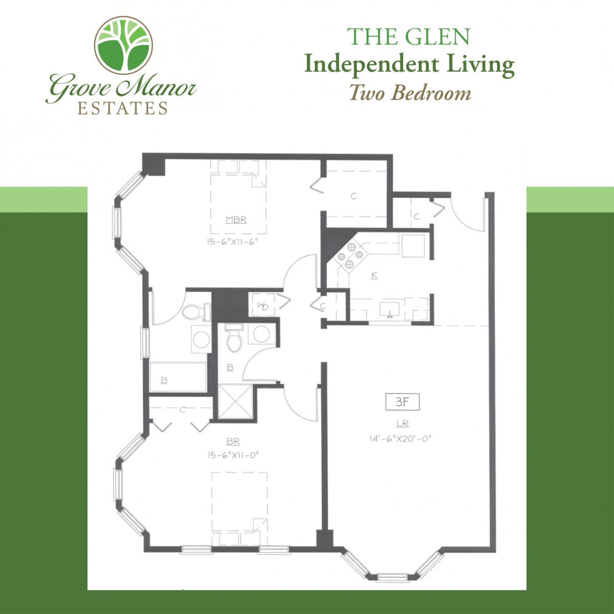 Floor plan for a one-bedroom independent living unit at Grace Manor Estates.