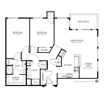 This image shows a floor plan of a two-bedroom apartment with labeled rooms including a kitchen, living area, and bathrooms.
