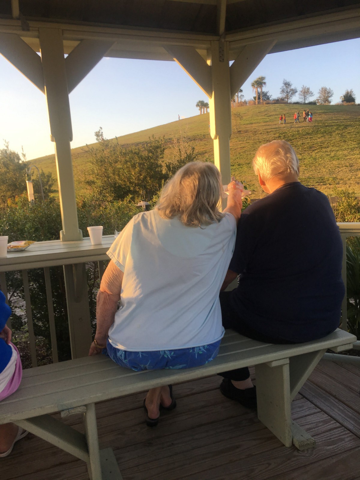 A couple enjoys the sunset together under a gazebo.