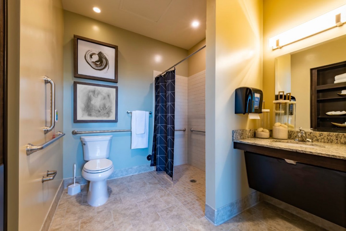 A modern bathroom with a toilet, sink, and walk-in shower.
