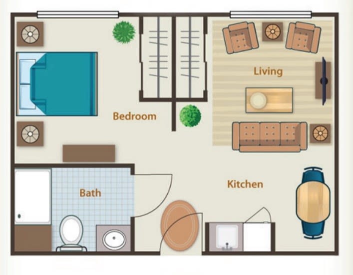 A simple floor plan of a one-bedroom apartment with a living room, kitchen, and bathroom.