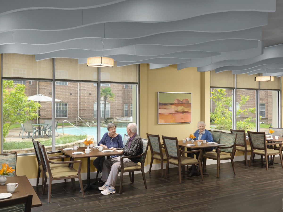 Elderly individuals enjoying a meal in a well-lit dining area with large windows.