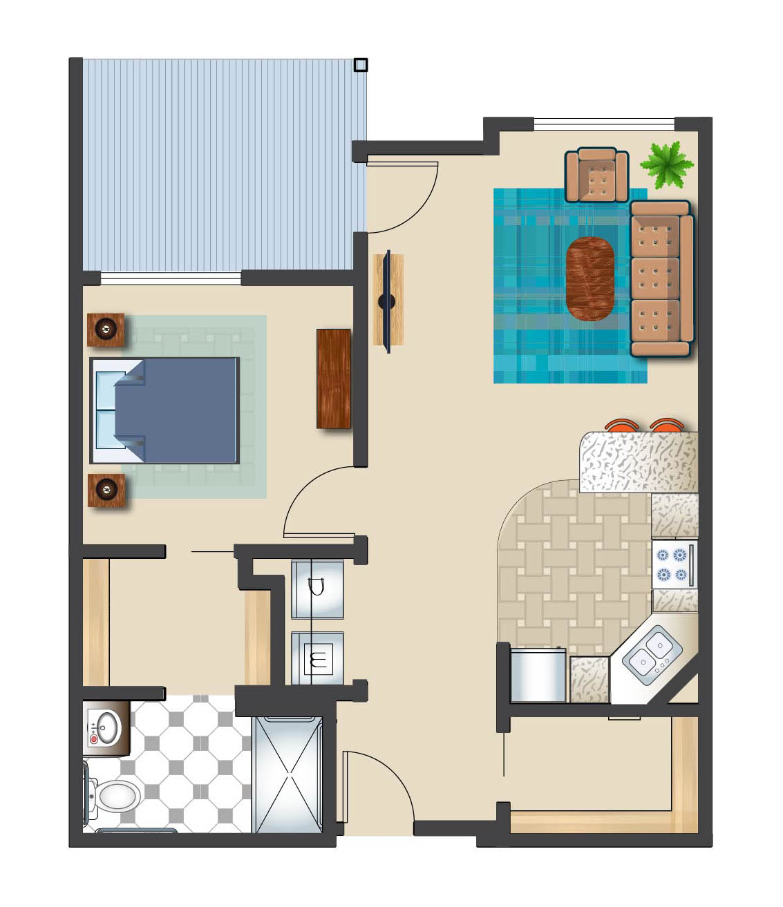 This image displays a floor plan of a one-bedroom apartment, showcasing the layout of the living room, bedroom, kitchen, and bathroom.