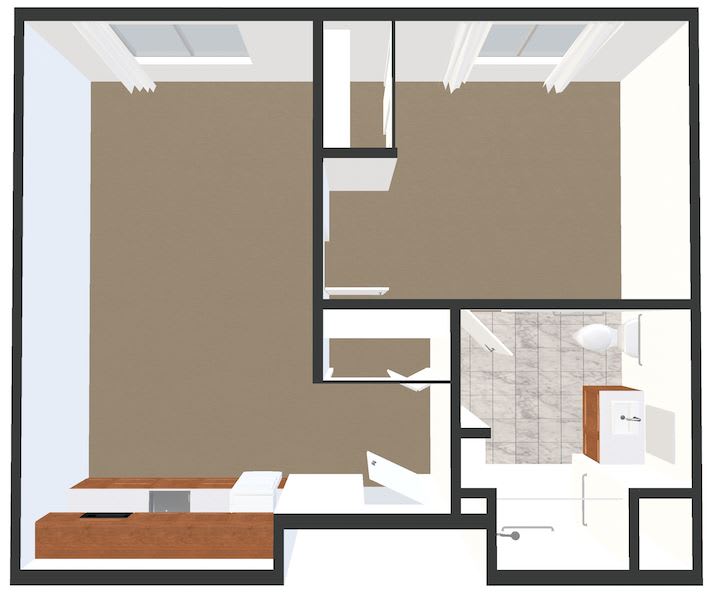 3D floor plan of an apartment with multiple rooms and a kitchen area.
