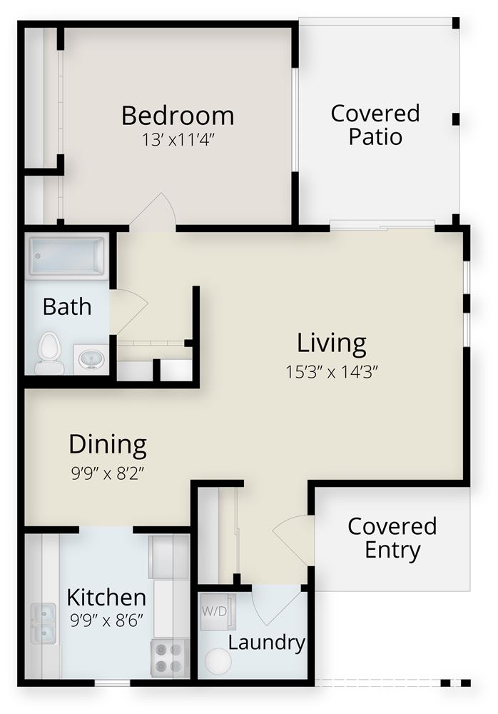 A floor plan of a one-bedroom apartment featuring a living room, dining area, kitchen, bathroom, bedroom, and covered patio.